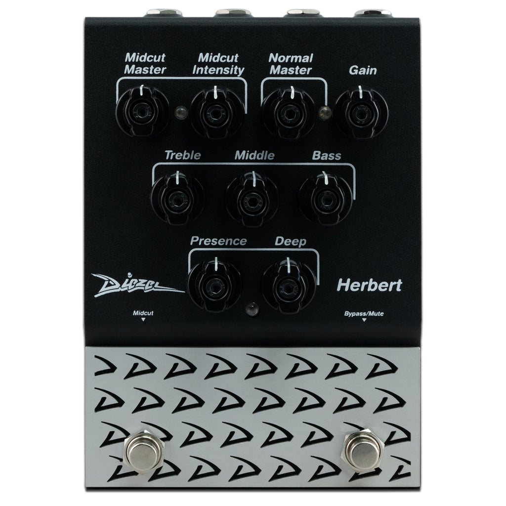 Diezel Herbert 2-channel effects pedal with overdrive and preamp controls, featuring black metal housing and footswitches.