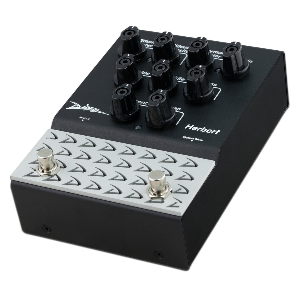 Diezel Herbert 2-channel effects pedal with overdrive and preamp controls, featuring black metal casing and labeled knobs.