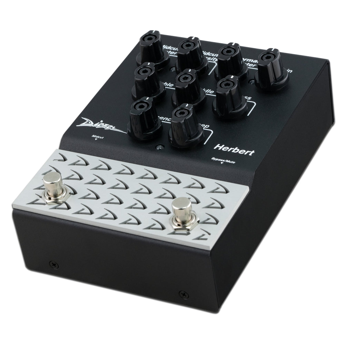 Diezel Herbert 2-channel effects pedal with overdrive and preamp controls, featuring black metal casing and labeled knobs.