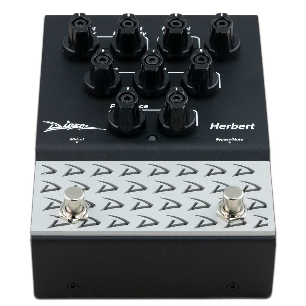 Diezel Herbert 2-channel preamp and overdrive effects pedal with controls, mounted on a pedalboard for guitar tone enhancement.