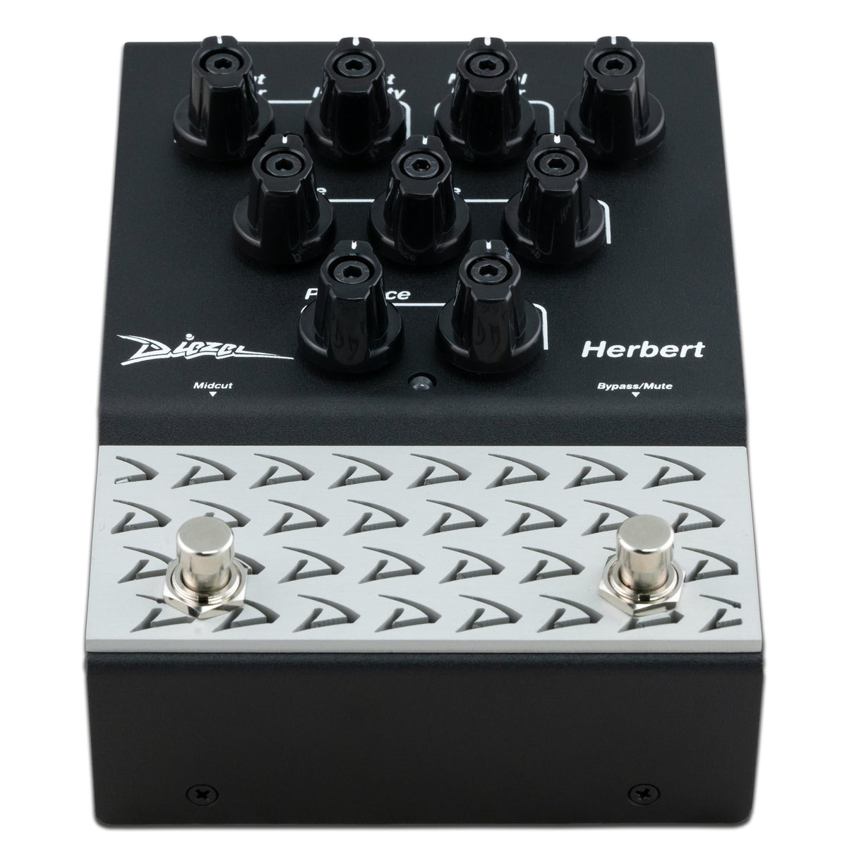 Diezel Herbert 2-channel preamp and overdrive effects pedal with controls, mounted on a pedalboard for guitar tone enhancement.