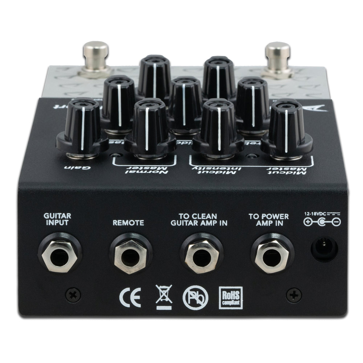 Diezel Herbert 2-channel preamp and overdrive effects pedal with control knobs and input/output jacks on a black pedal board.