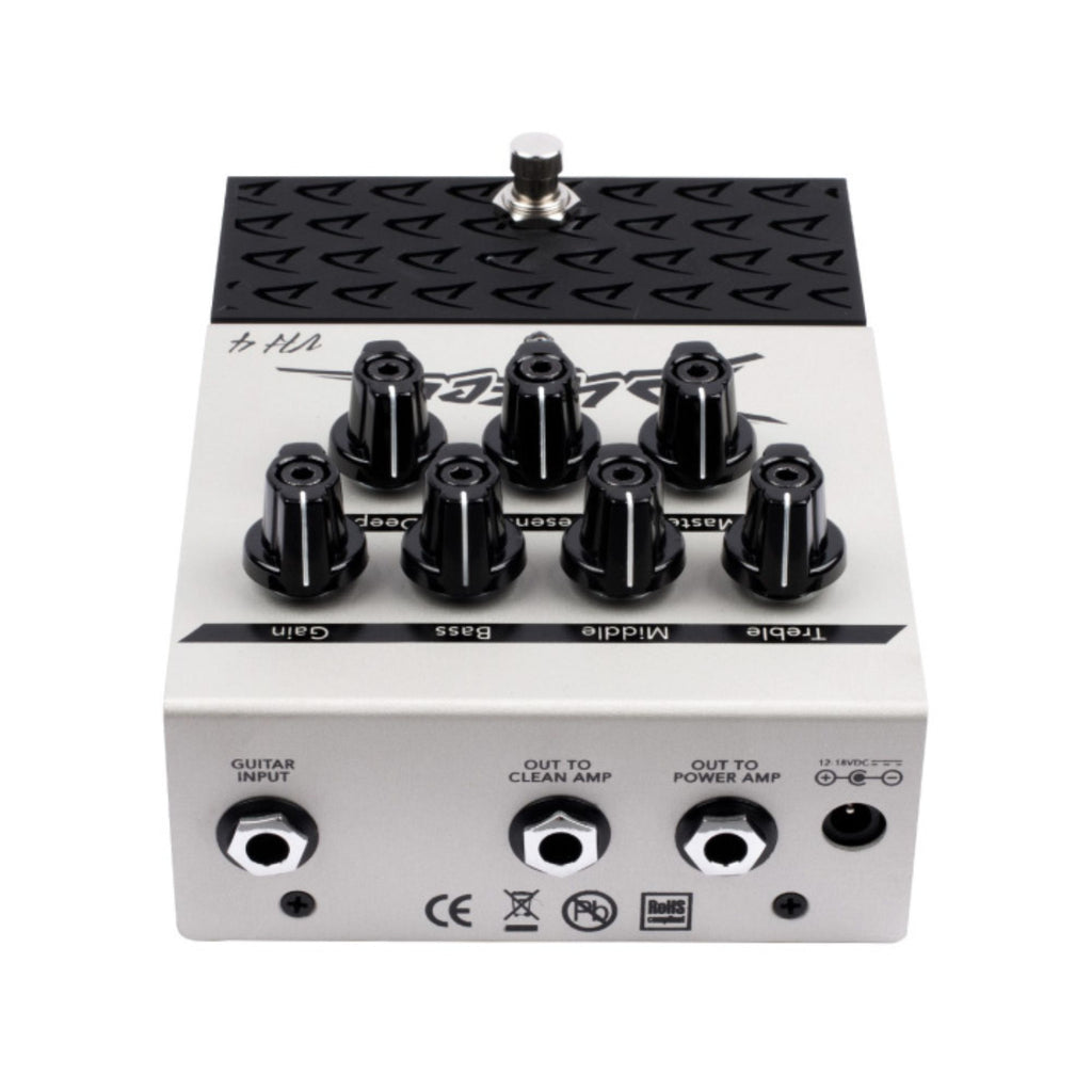 Diezel VH4-2 2-channel effects pedal with controls, metal casing, and input/output jacks for guitar overdrive and preamp effects.