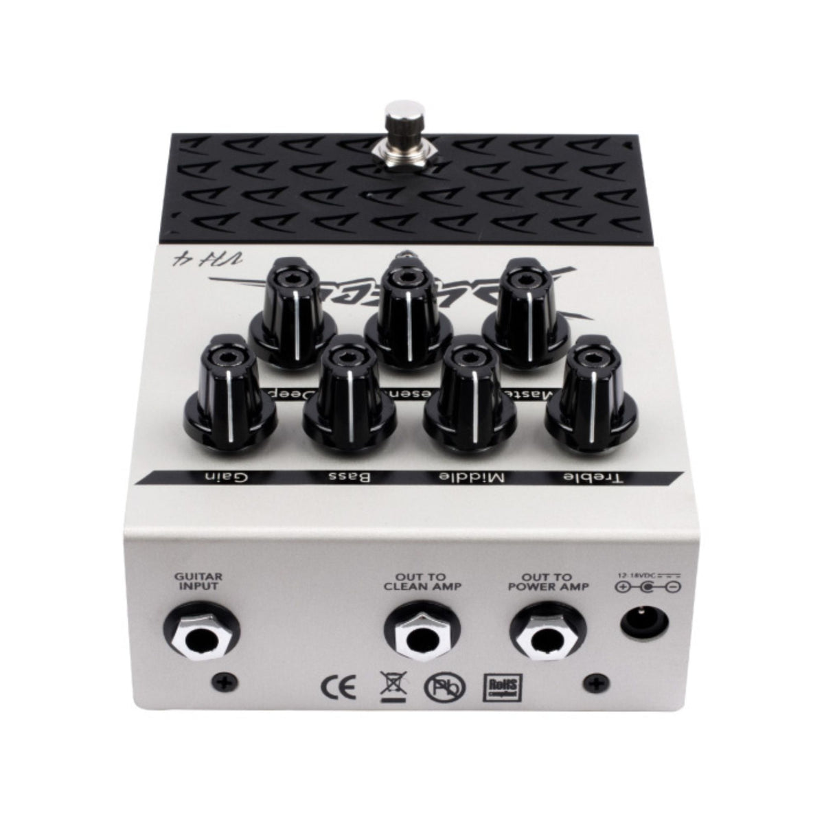 Diezel VH4-2 2-channel effects pedal with controls, metal casing, and input/output jacks for guitar overdrive and preamp effects.