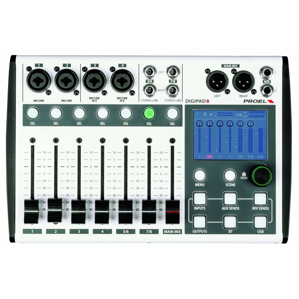 Proel DIGIPAD8 compact 8-channel digital mixer with control knobs and input jacks, ideal for live sound and recording setups.