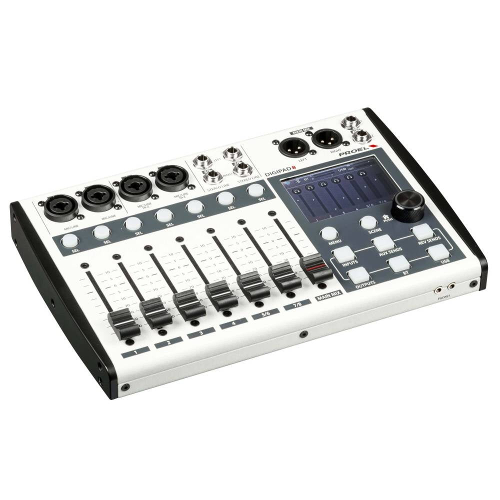 Proel DIGIPAD8 compact 8-channel digital mixer with knobs and input ports, ideal for live sound or studio use.