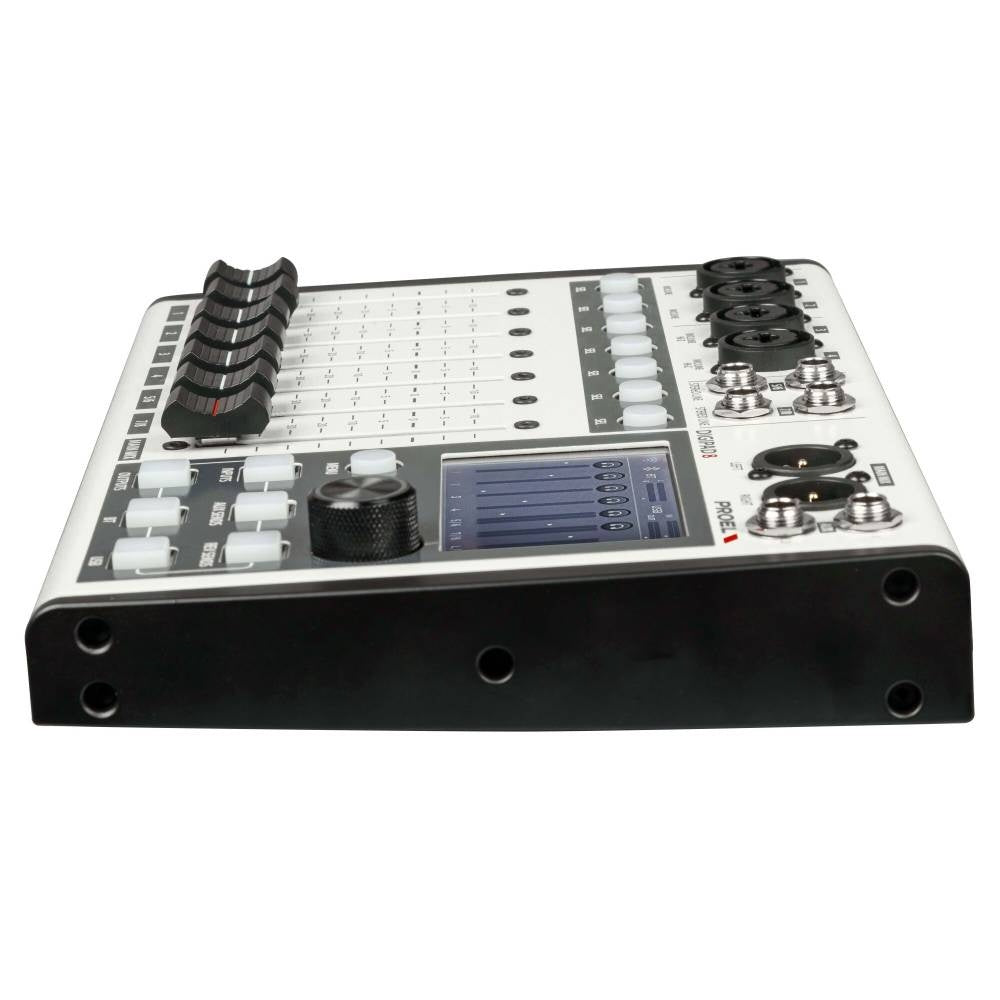 Proel DIGIPAD8 compact 8-channel digital mixer with control knobs and input ports, designed for live sound and recording setups.