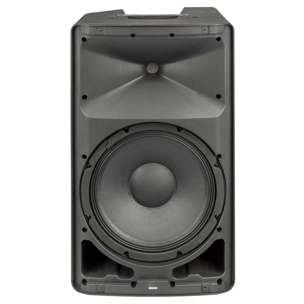 Proel DIVA12A powered 12-inch PA speaker showing the front grille and control panel with connection ports.
