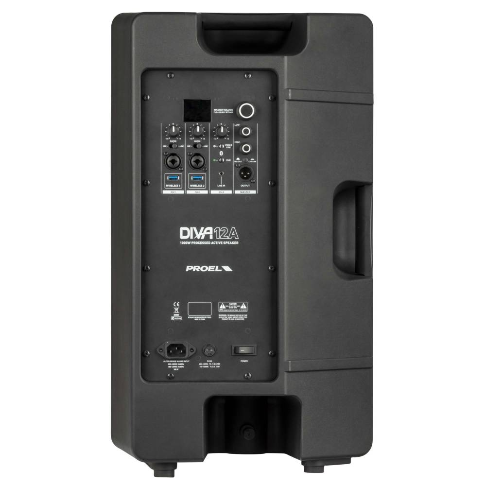 Proel DIVA12A powered PA speaker with 12-inch woofer and control panel, designed for professional sound reinforcement.