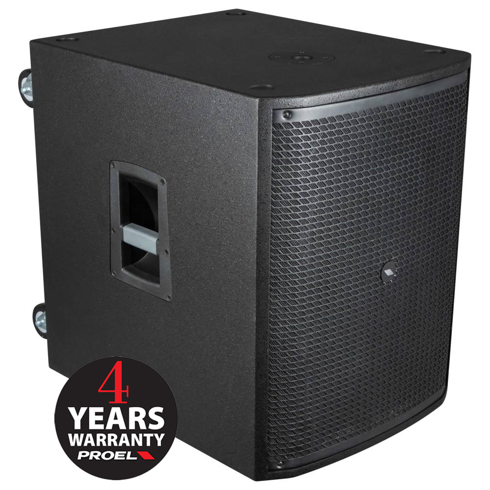 Proel DIVA SUB 18 A powered 18-inch subwoofer with black casing and control panel, designed for high-quality sound reinforcement.