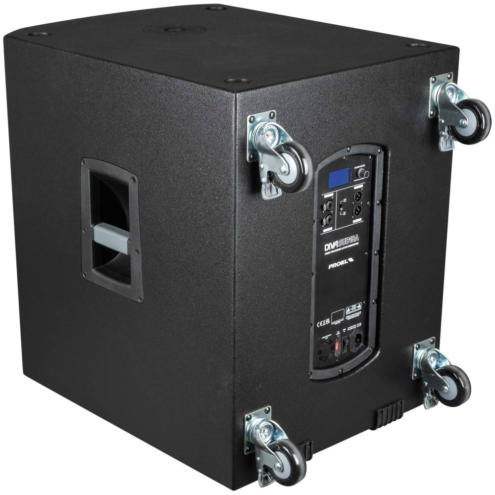 Proel DIVA SUB 18 A powered 18-inch subwoofer with robust enclosure and control panel, designed for high-performance sound reinforcement.