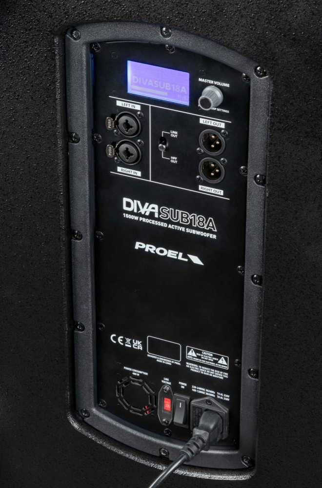 Proel DIVA SUB 18 A powered 18-inch subwoofer with a sturdy black enclosure and control panel on the side.