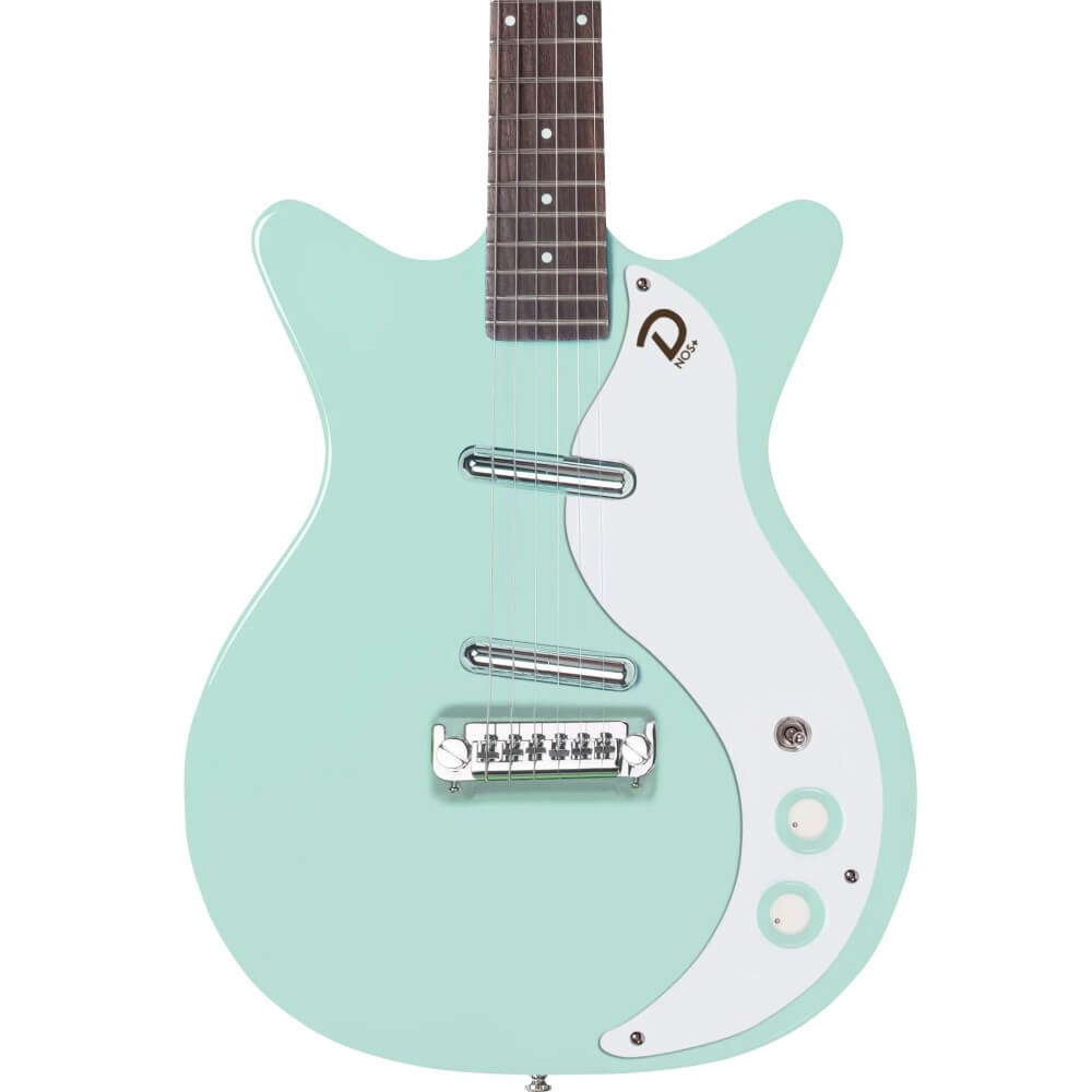Danelectro '59M NOS+ electric guitar in Seafoam Green with NOS+ pickups, showcasing its unique shape and color.