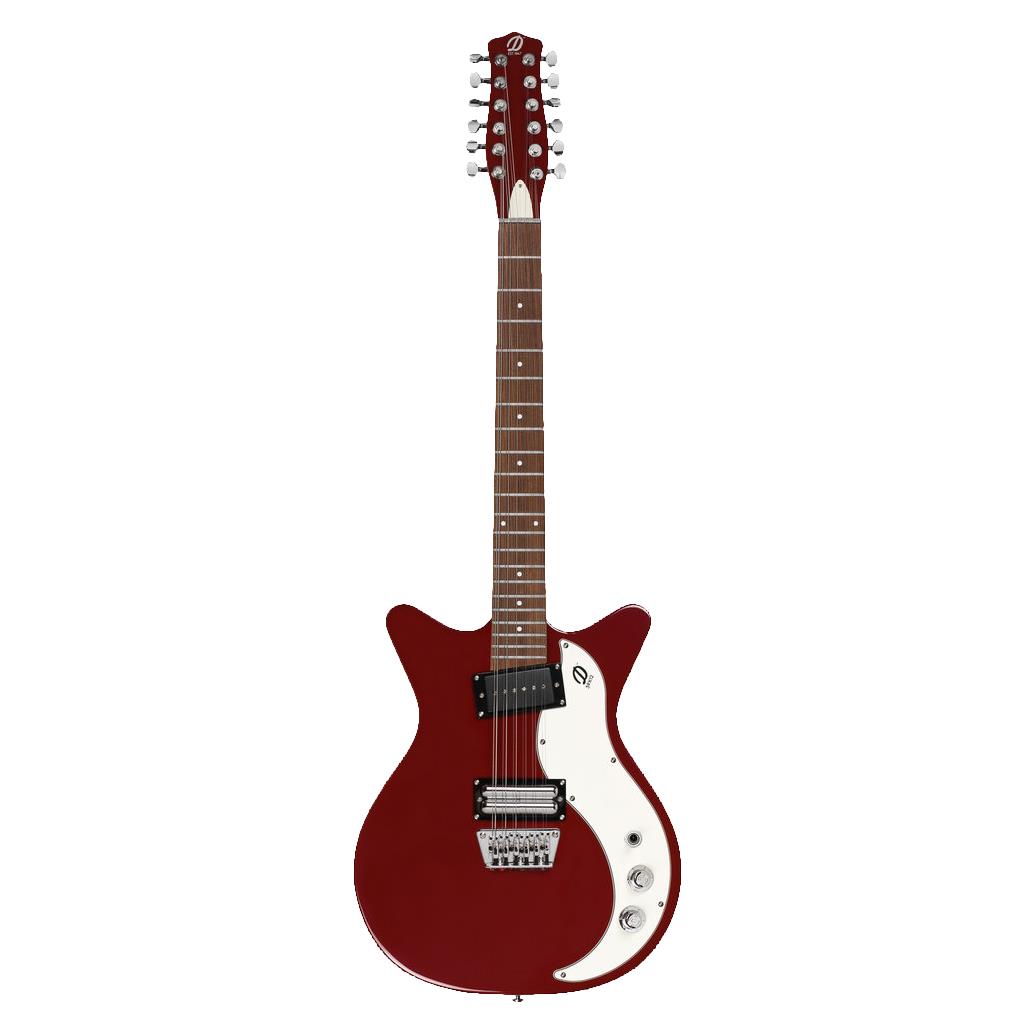 Danelectro 59X12 12-string electric guitar in blood red with chrome hardware and dual pickups, showcasing its vibrant finish and design.