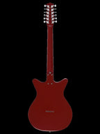 Danelectro 59X12 12-string electric guitar in blood red with chrome hardware and six pairs of pickups, showcasing its vibrant finish.