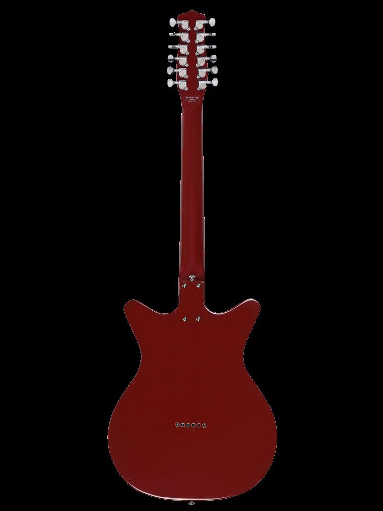 Danelectro 59X12 12-string electric guitar in blood red with chrome hardware and six pairs of pickups, showcasing its vibrant finish.