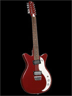 Danelectro 59X12 12-string electric guitar in blood red with chrome hardware and maple neck, showcasing its body and headstock.
