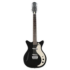 Danelectro Vintage 12-string electric guitar in black with chrome tuning pegs and classic body shape, shown from front angle.