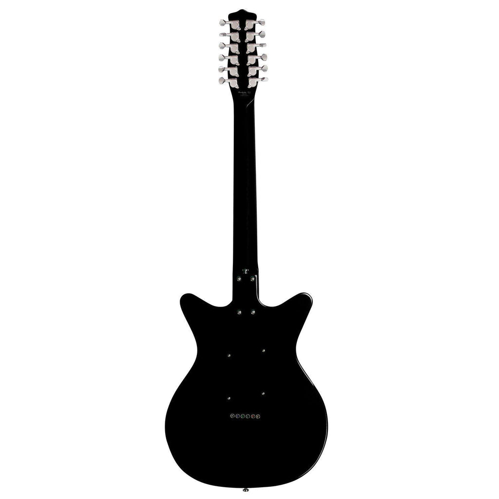 Danelectro Vintage 12-string electric guitar in black with chrome hardware and dual pickups, showcasing the classic design.