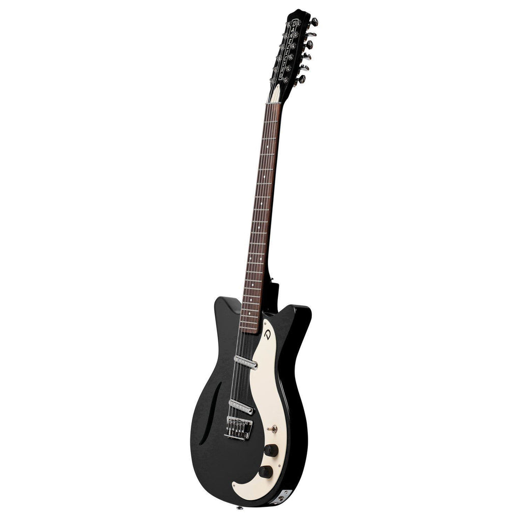 Danelectro Vintage 12-string electric guitar in black with chrome hardware and classic design, shown from a side angle.