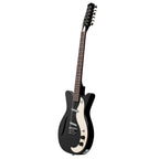 Danelectro Vintage 12-string electric guitar in black with chrome hardware and classic design, shown from a side angle.