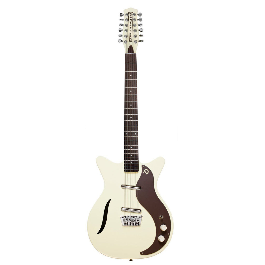 Danelectro Vintage 12-string electric guitar in vintage white with chrome hardware and classic design, showcasing the guitar body and neck.