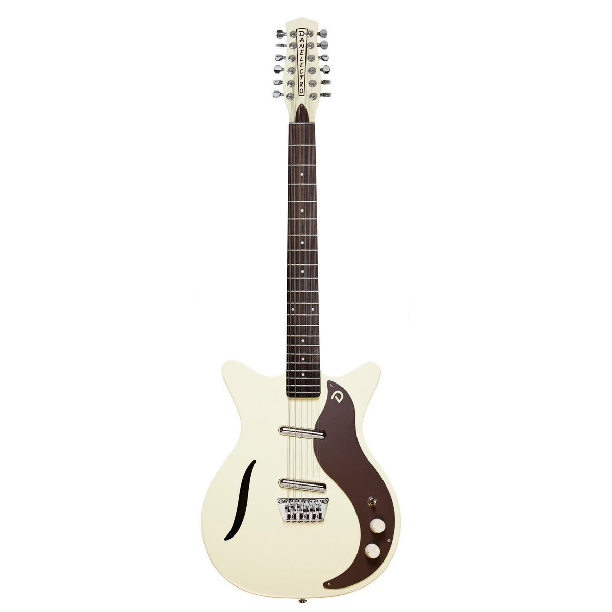 Danelectro Vintage 12-string electric guitar in vintage white with chrome hardware and classic design, showcasing the guitar body and neck.