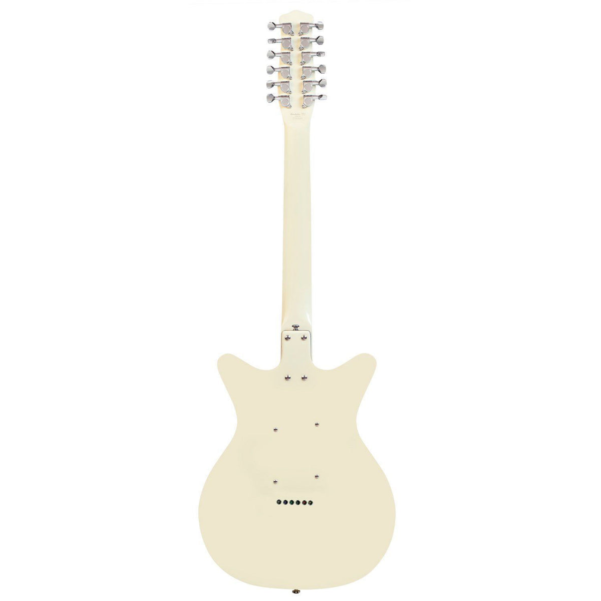 Danelectro Vintage 12-string electric guitar in vintage white with chrome hardware and six dual-coil pickups.