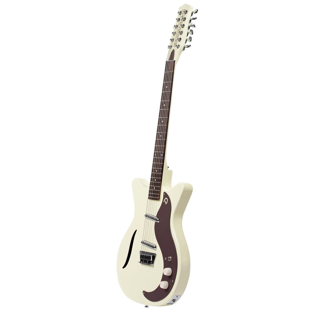 Danelectro Vintage 12-string electric guitar in vintage white with chrome hardware and classic design, showing the body and fretboard.