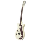 Danelectro Vintage 12-string electric guitar in vintage white with chrome hardware and classic design, showing the body and fretboard.