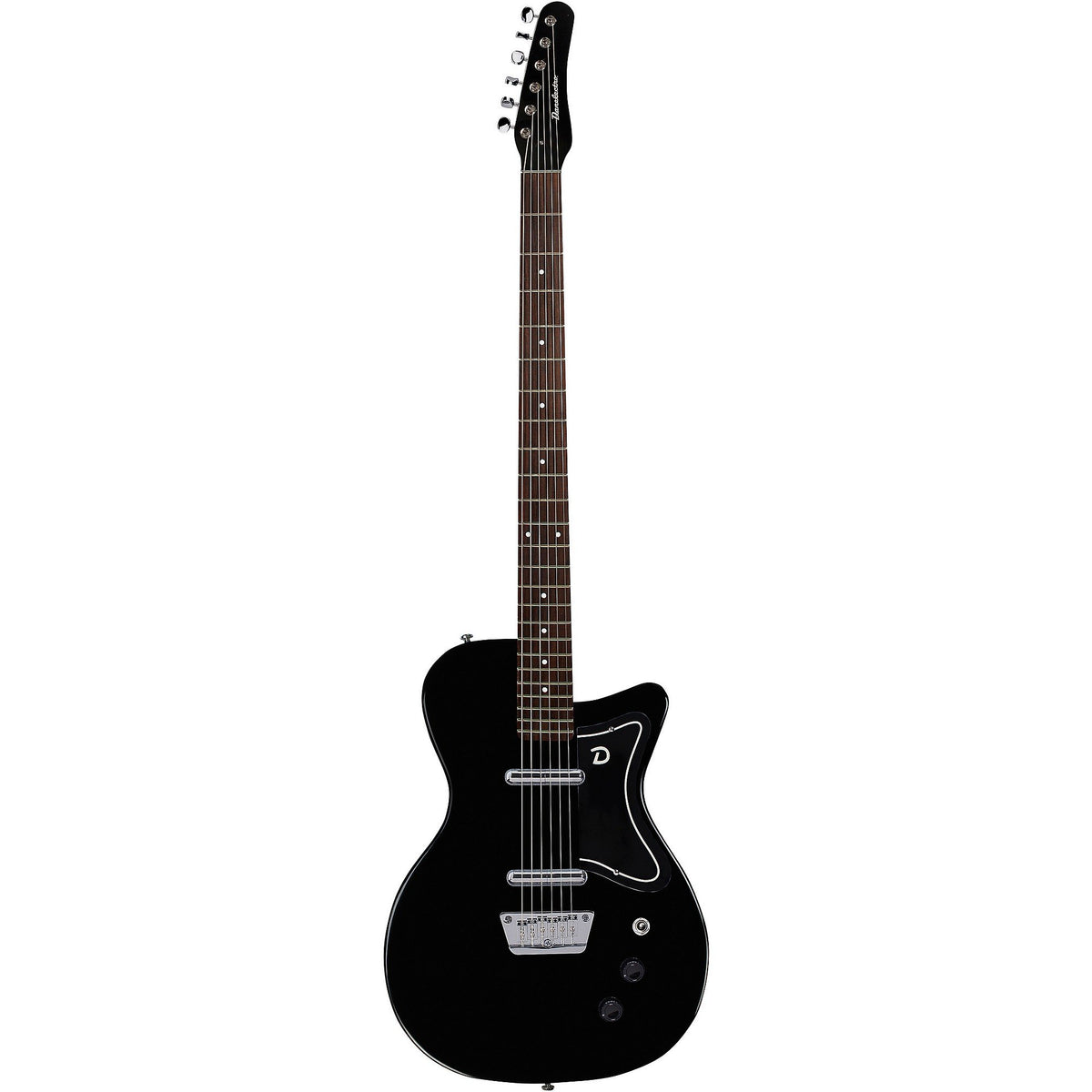 Black DanElectro vintage baritone electric guitar with sleek body and dual pickups, showcasing classic design and modern craftsmanship.