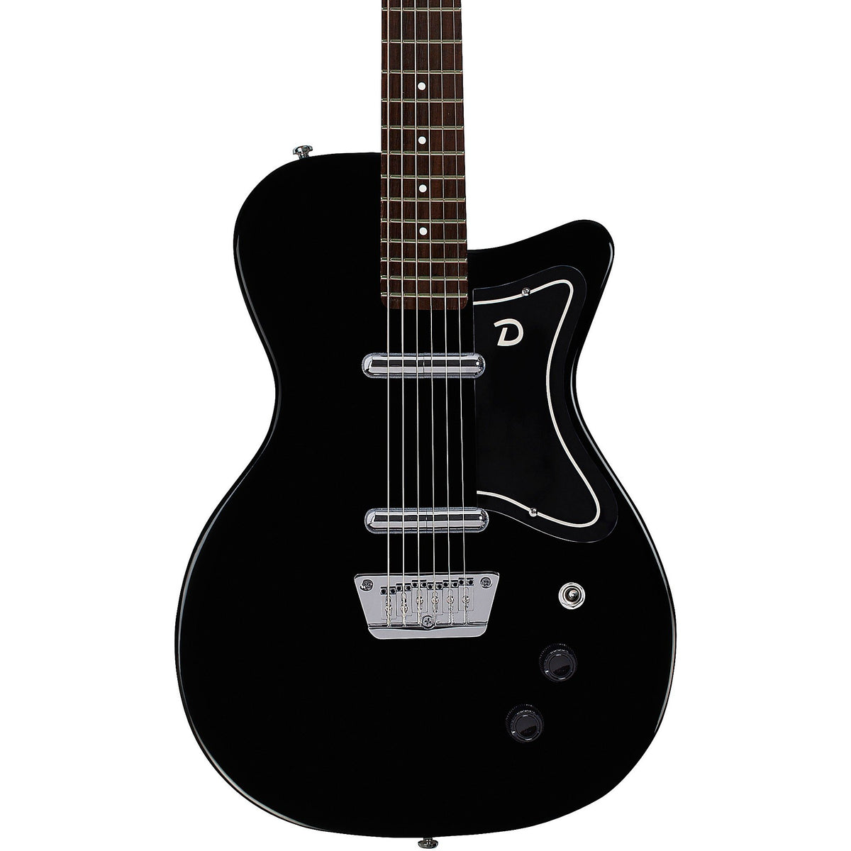 Danelectro Vintage Baritone Electric Guitar in black with a sleek body and classic design, perfect for musical performances.