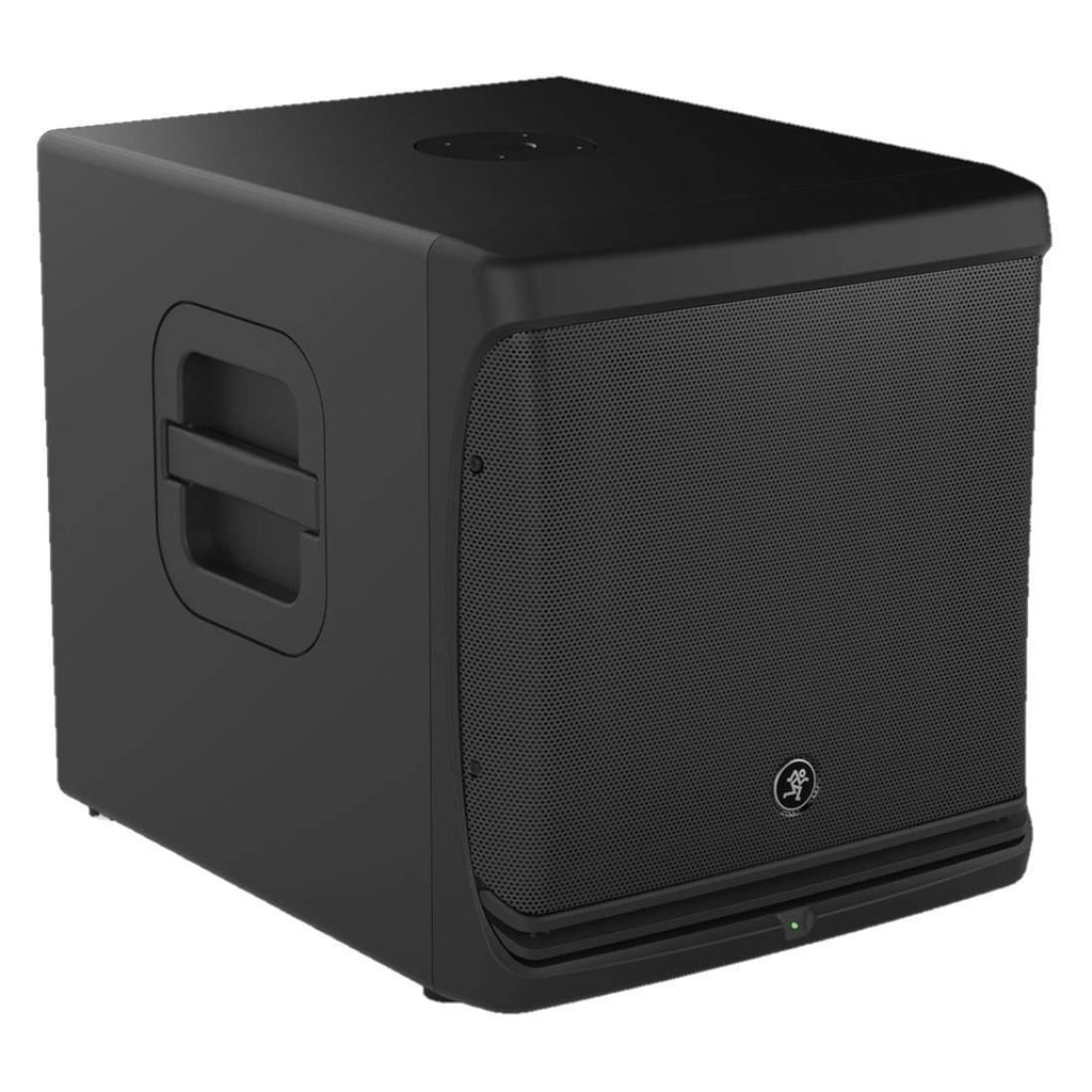 Mackie DLM12S 12-inch powered subwoofer with 2000W amplifier, featuring a black speaker enclosure and input controls.