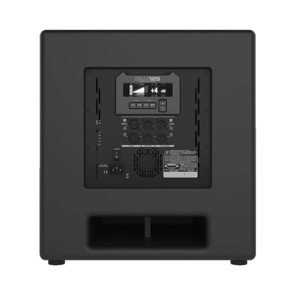 Mackie DLM12S 12-inch powered subwoofer with 2000W output, showing front view with control panel and speaker grille.