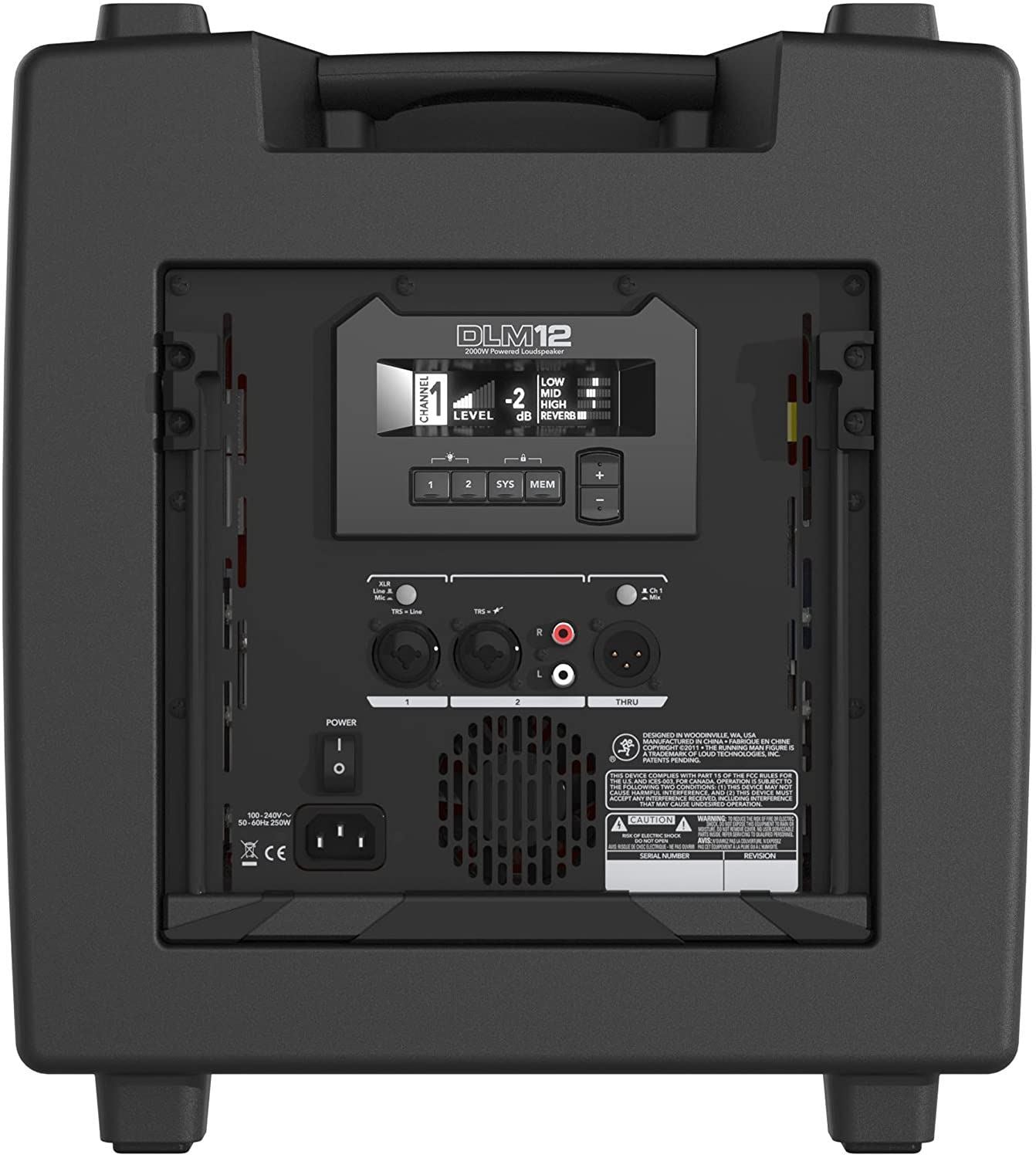 Mackie DLM12 2000W powered PA speaker with a black enclosure and control panel, designed for professional audio performance.