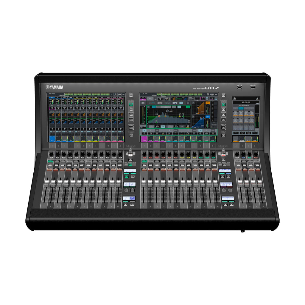 Yamaha DM7 digital mixing console with multiple control knobs and faders on a professional audio desk.