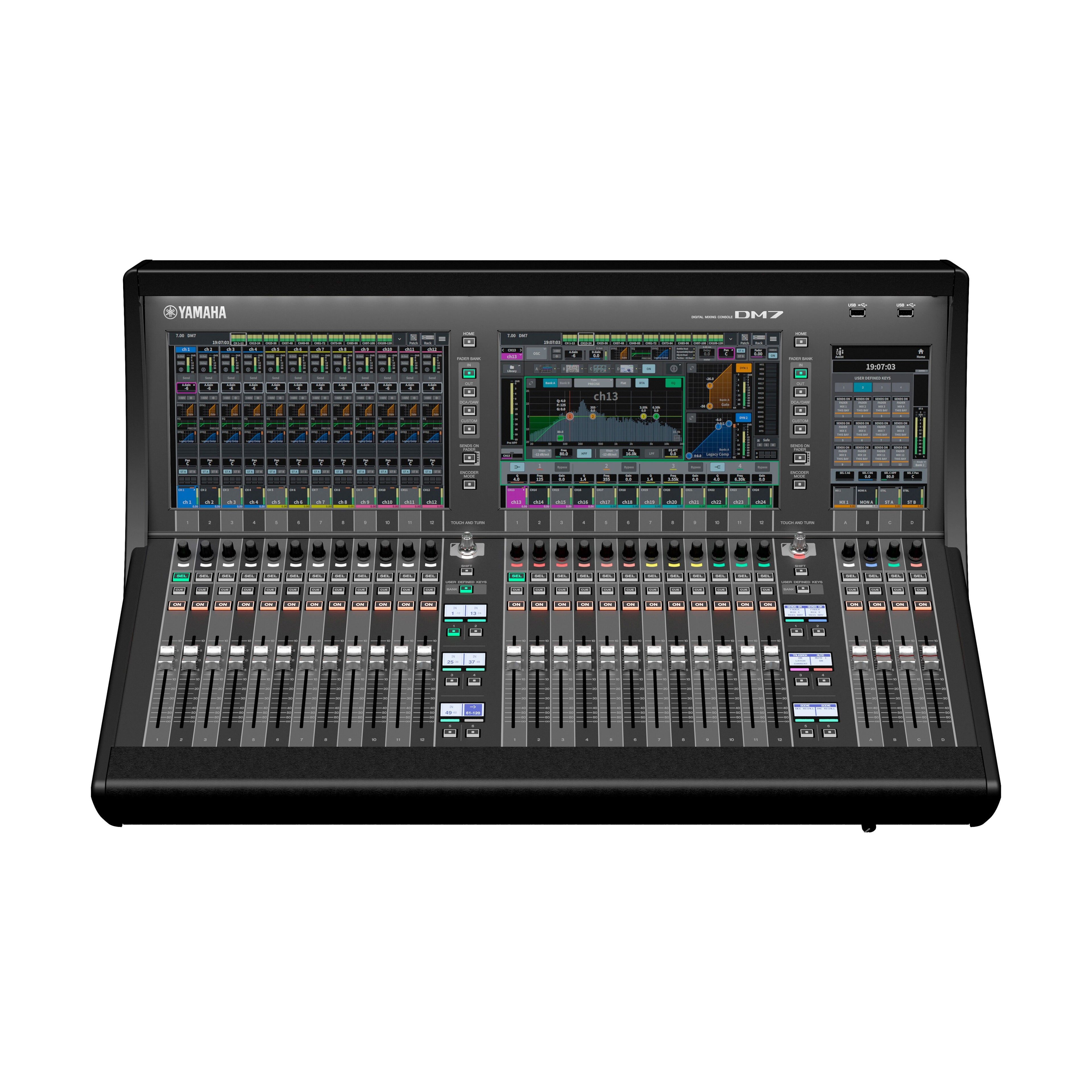 Yamaha DM7 digital mixing console with multiple control knobs and faders on a professional audio desk.