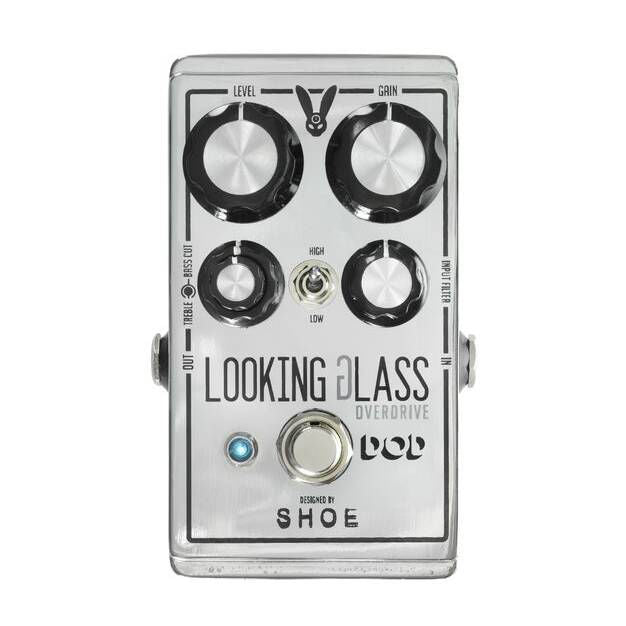 DigiTech DOD Looking Glass Overdrive guitar effects pedal with control knobs and input/output jacks on a pedalboard.