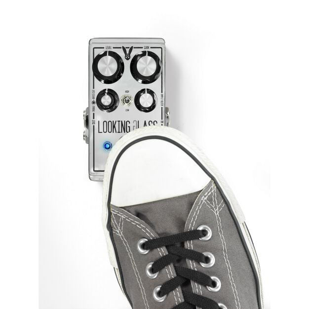 DigiTech DOD Looking Glass Overdrive guitar effects pedal with control knobs and input/output jacks on a pedalboard.