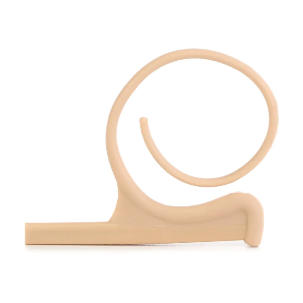 Beige DPA Single Ear Headset Mount for PA accessories, shown attached to a microphone headset for clear, secure fit.