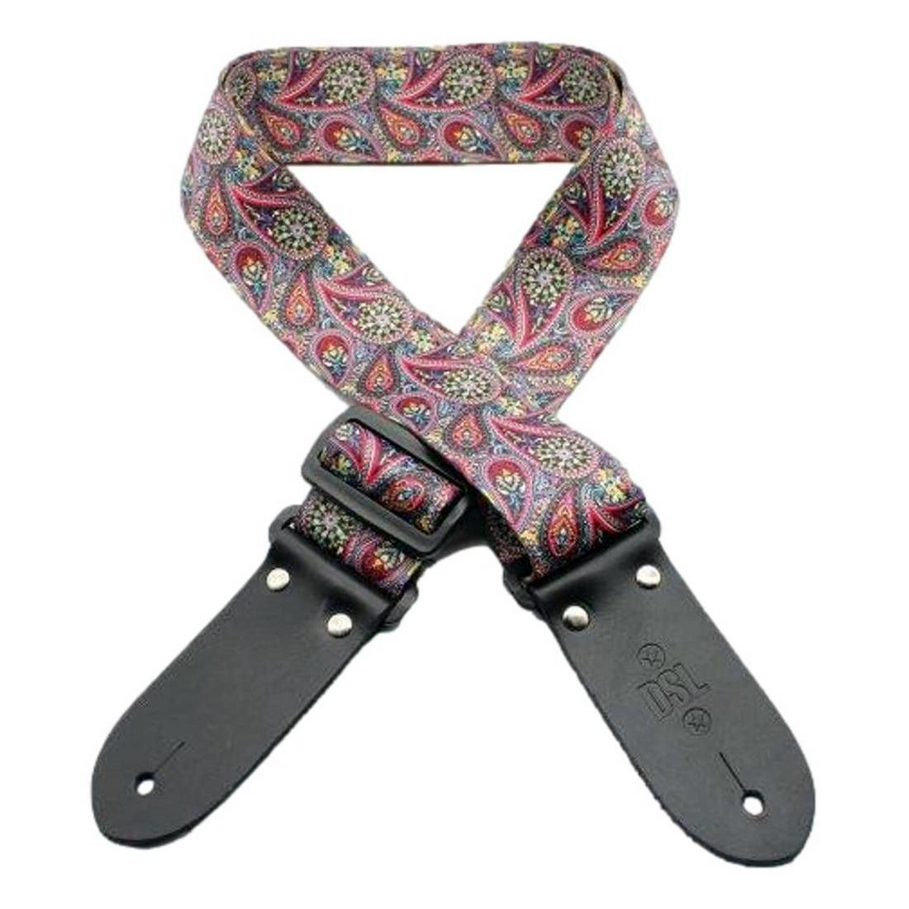 DSL Straps Weaving Series purple digital print guitar strap, 2-inch wide, with intricate weaving design and adjustable length.