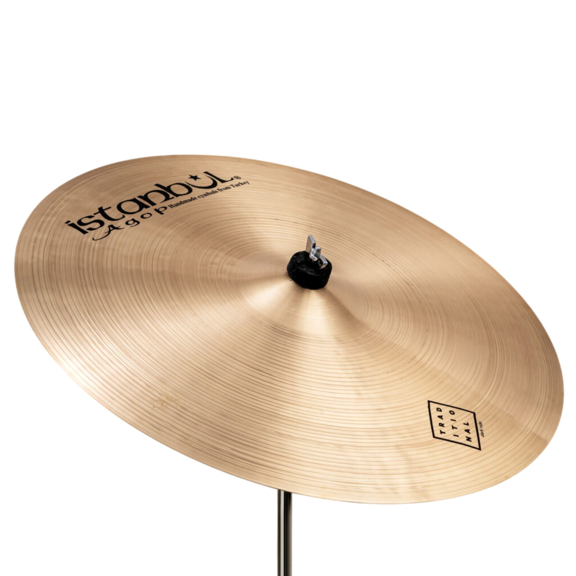 Istanbul 22-inch Istanbul Agop Traditional Dark Ride cymbal with a dark finish, showing its textured surface and curved shape.