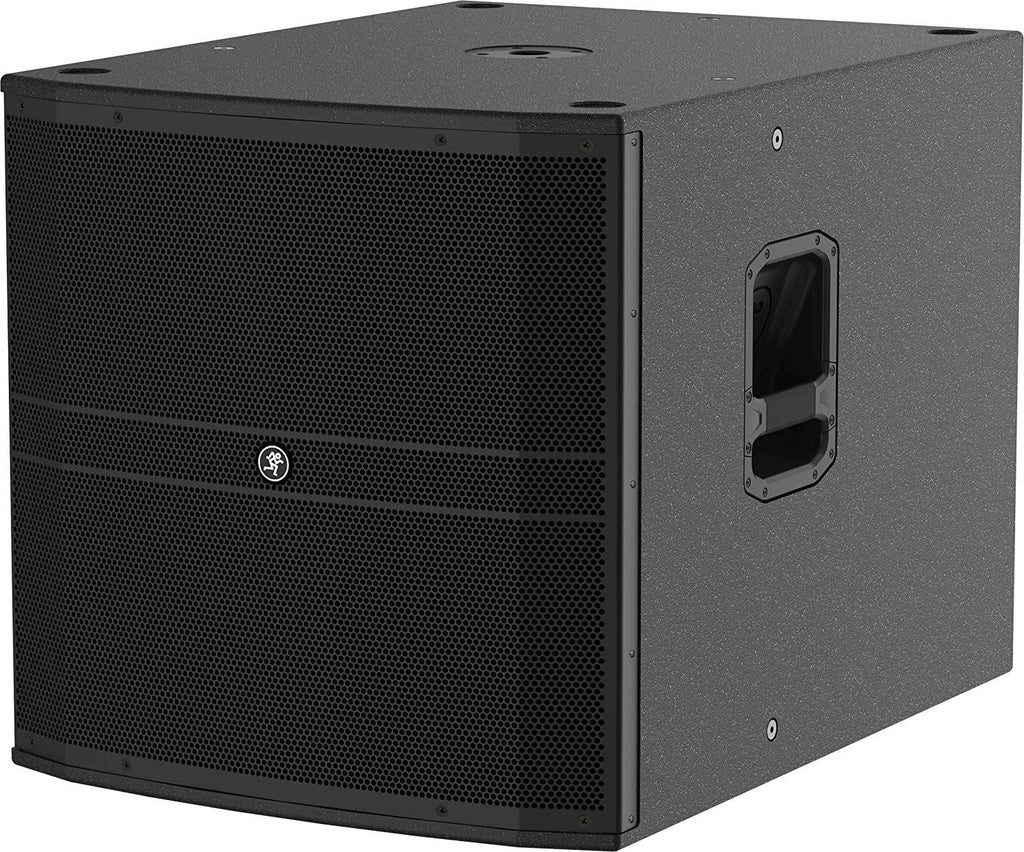 Mackie DRM18S-P 18-inch professional passive subwoofer showing black speaker with rugged build and connection panel