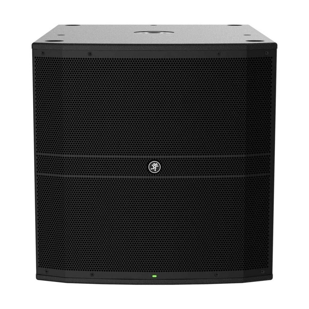 Mackie DRM18S 18-inch professional powered subwoofer with 2000W output, showing the black speaker cabinet and control panel.