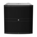 Mackie DRM18S 18-inch professional powered subwoofer with 2000W output, showing the black speaker cabinet and control panel.
