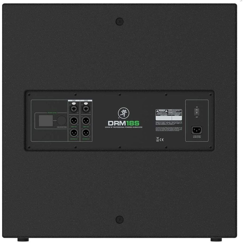 Mackie DRM18S 18-inch professional powered subwoofer with 2000W output, showing sleek black design and control panel.