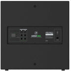 Mackie DRM18S 18-inch professional powered subwoofer with 2000W output, showing sleek black design and control panel.