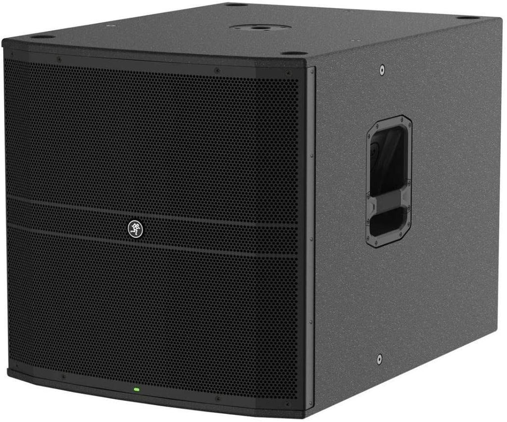 Mackie DRM18S 18-inch professional powered subwoofer with 2000W output, featuring a black speaker cabinet and control panel.