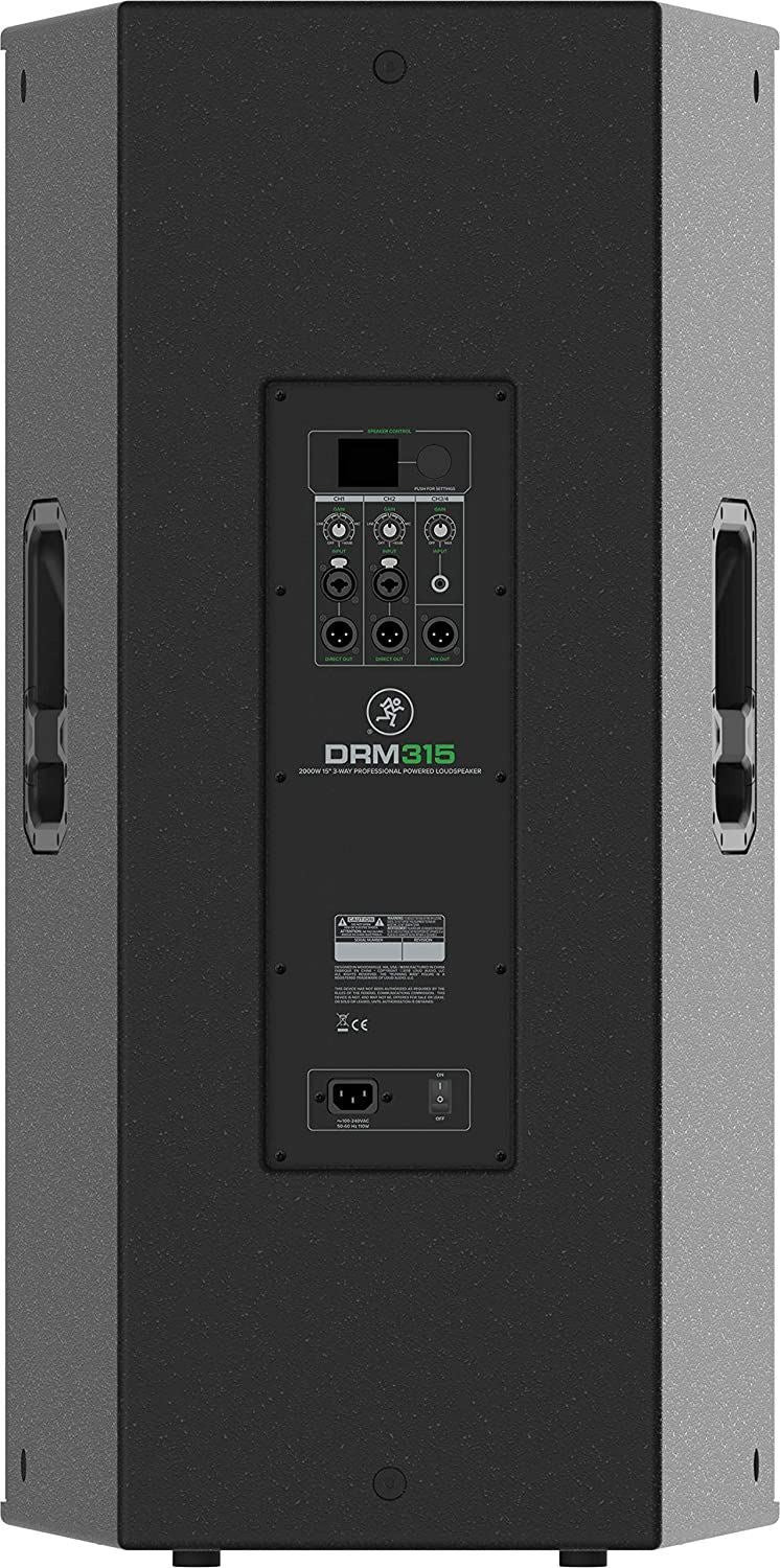 Mackie DRM315 15-inch 3-way professional powered PA speaker with 2300W output, showing the front grille and control panel.