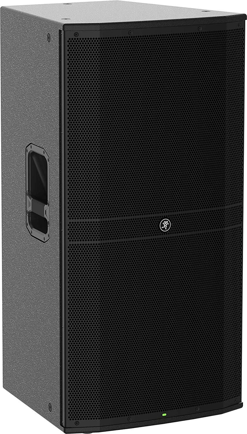 Mackie DRM315 15-inch 3-way powered PA speaker with 2300W output, showing the front grille and control panel.